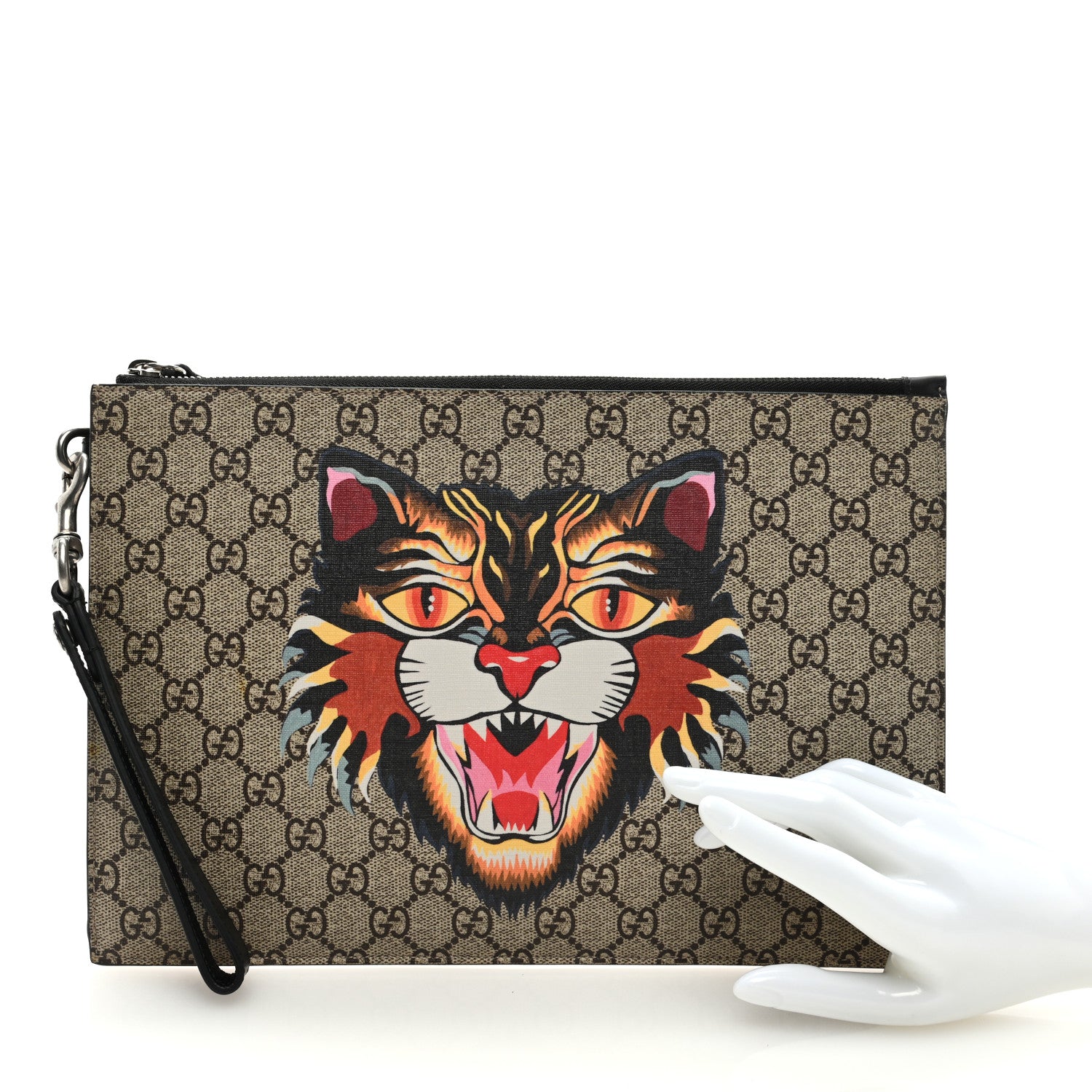 Gucci GG Supreme Monogram Angry Cat Zip Wristlet Pouch Beige 2 of 6