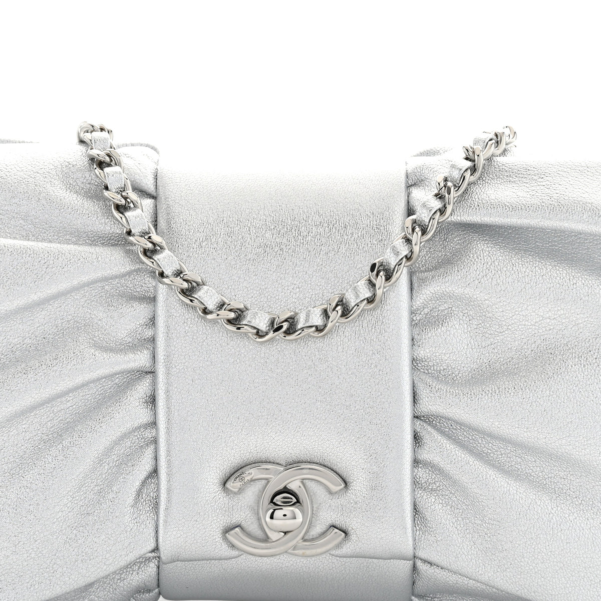 Metallic Lambskin Tie My Bow Flap Clutch With Chain Silver