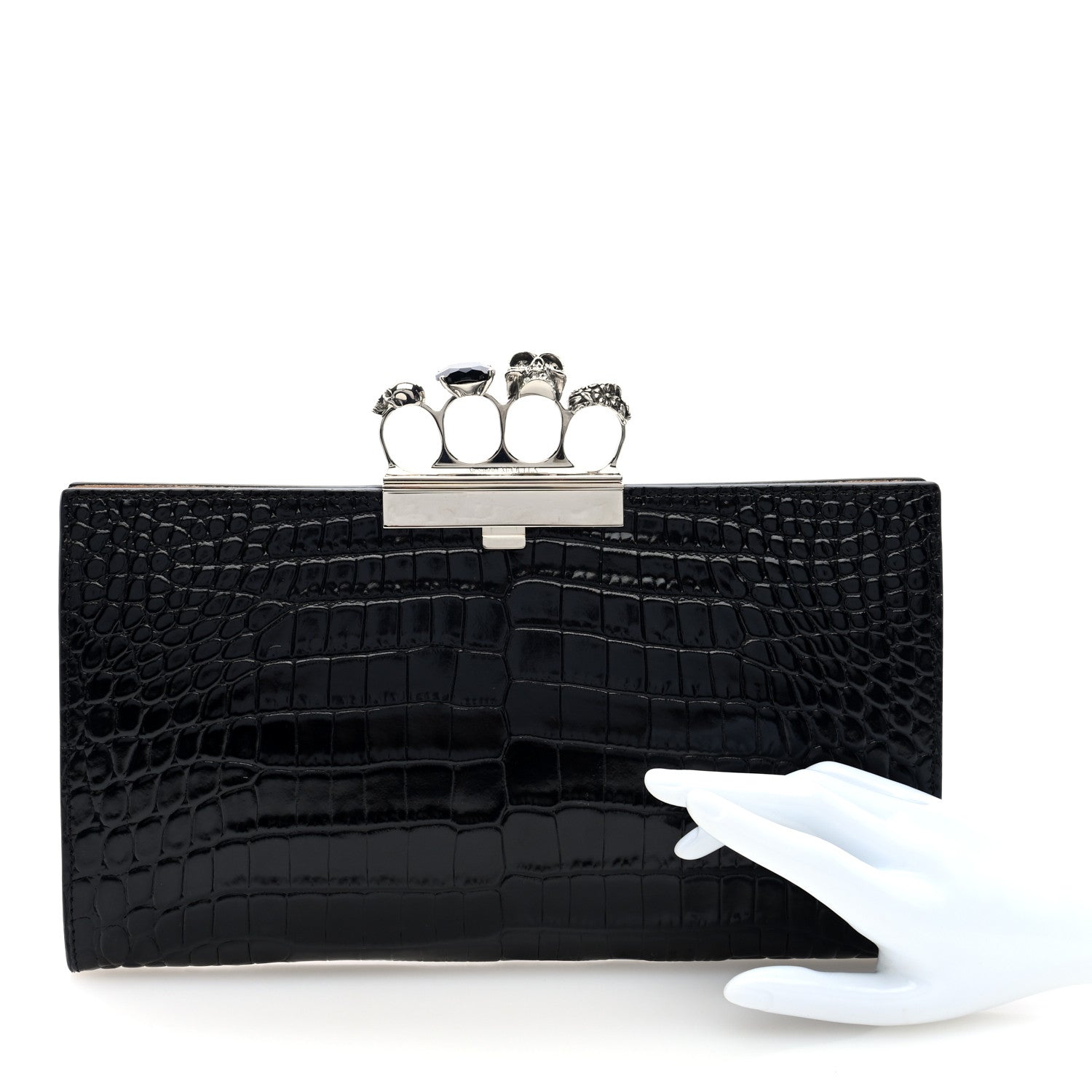 Alexander McQueen Calfskin Crocodile Embossed Knuckle Flat Clutch Black 2 of 7
