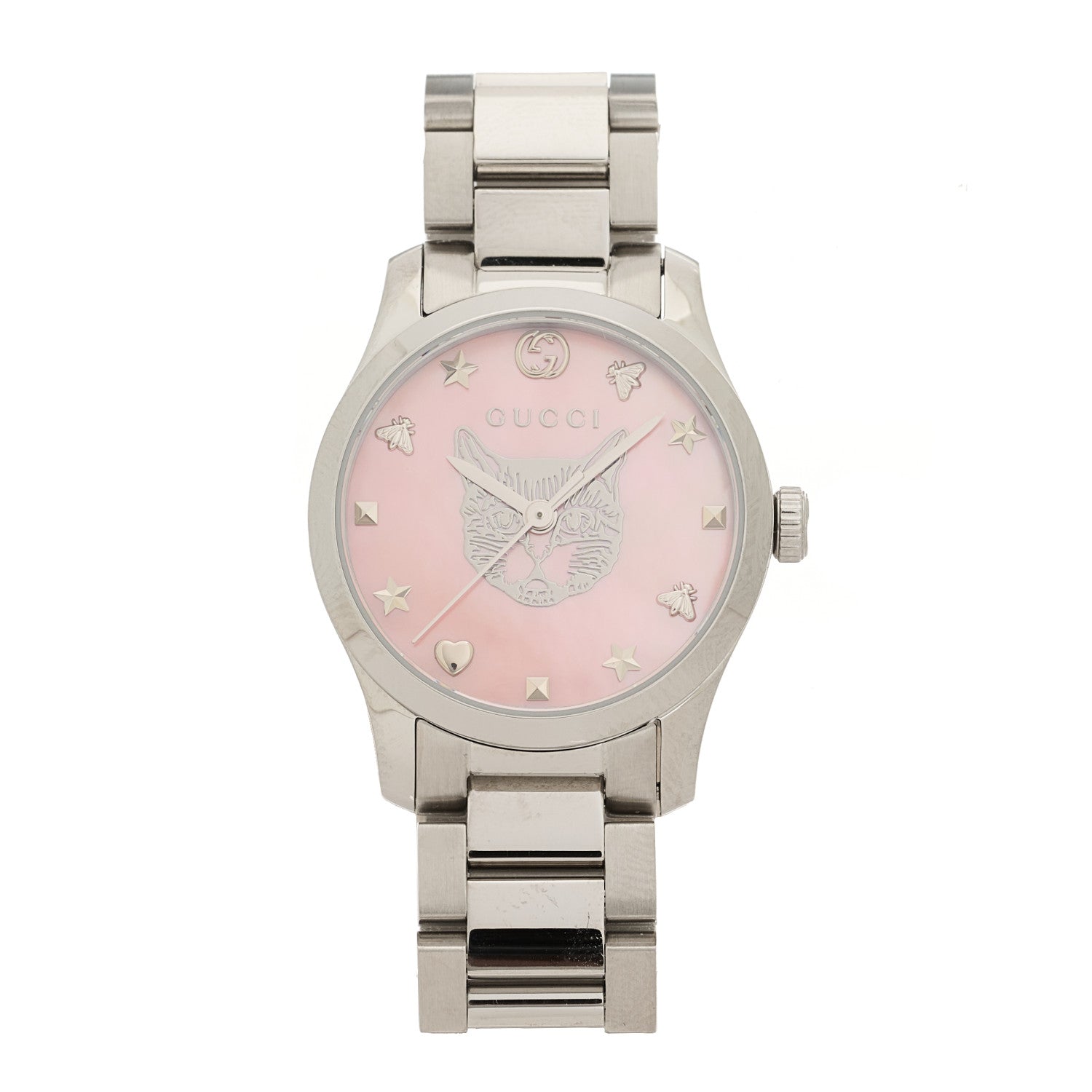 Gucci Stainless Steel Pink Mother of Pearl 27mm G-Timeless Cat Quartz Watch 1 of 4