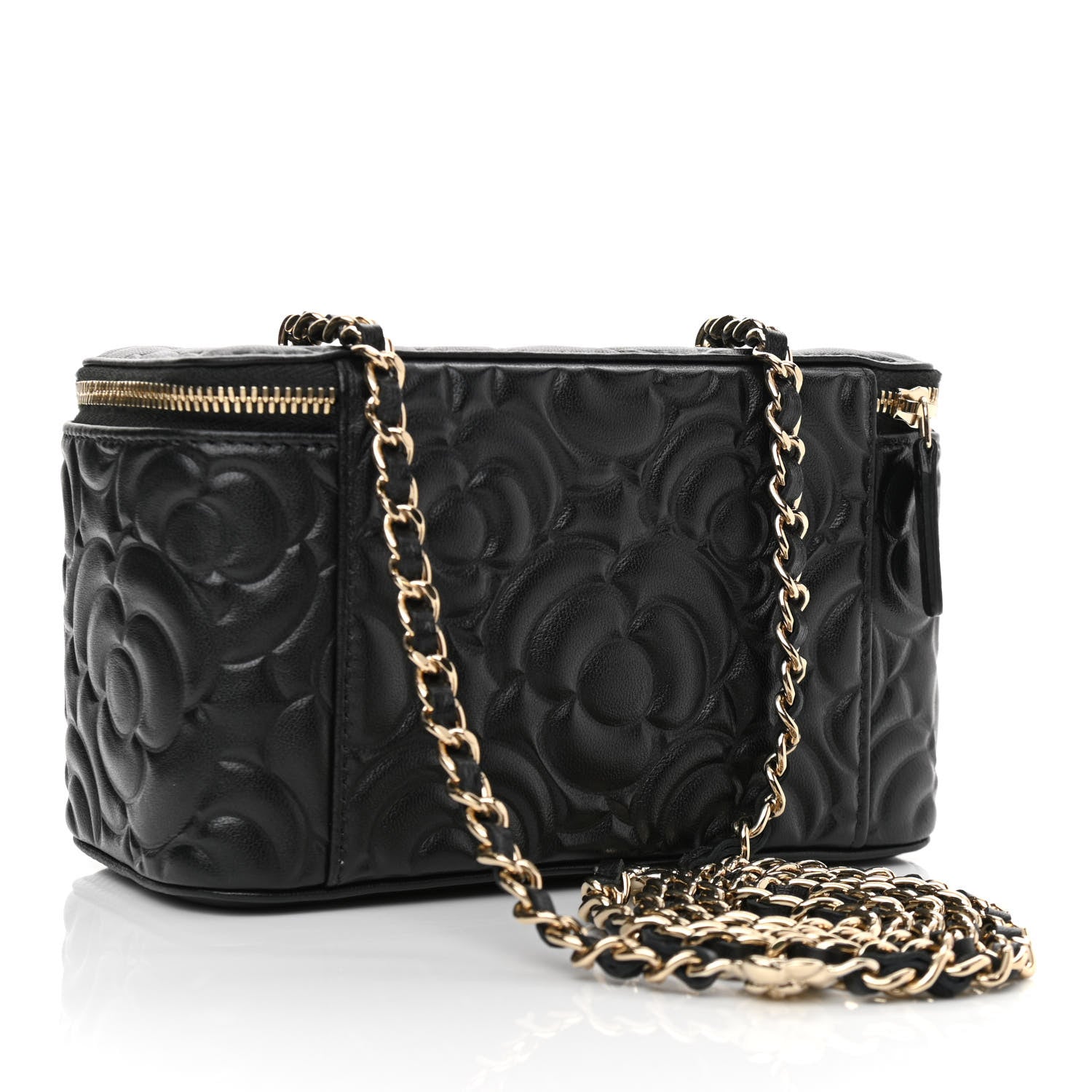 Chanel Lambskin Camellia Embossed Small Vanity Case With Chain Black 3 of 11