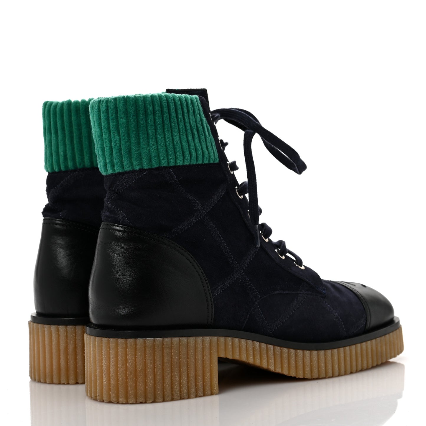 Suede Calfskin Velvet Quilted CC Combat Boots 40 Navy Green Black
