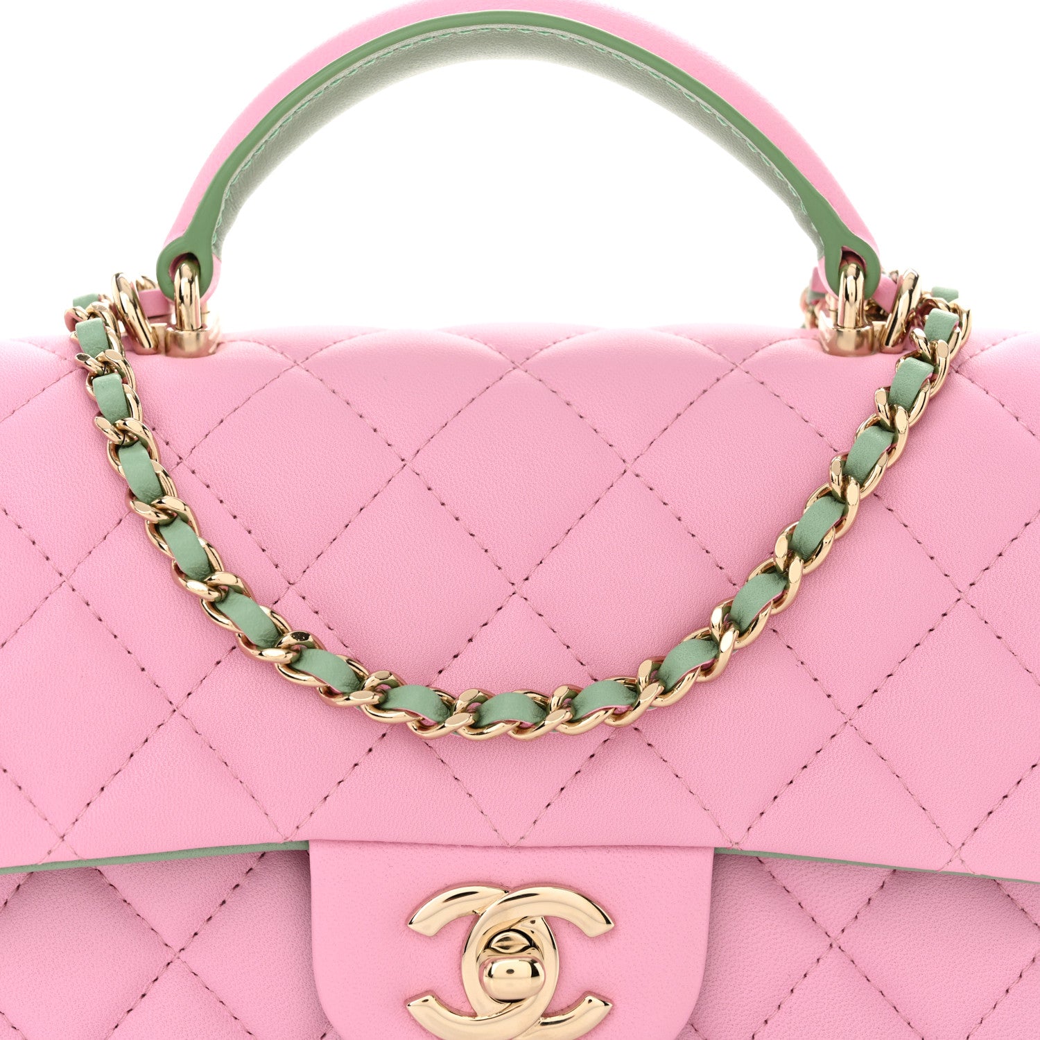 Chanel Lambskin Quilted Mini Top Handle Rectangular Flap Pink Green Pink Green 8 of 10