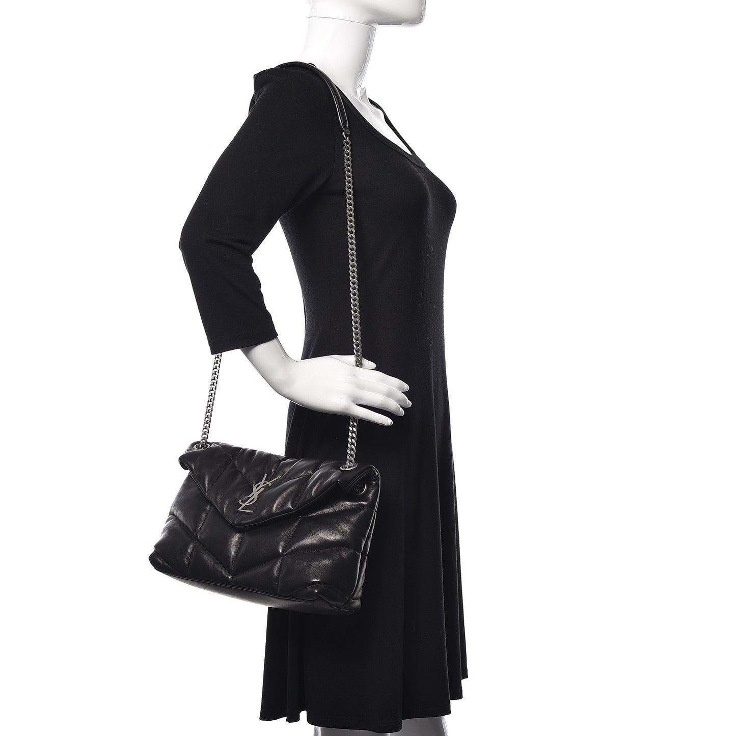 Lambskin Quilted Small Loulou Puffer Monogram Chain Satchel Black