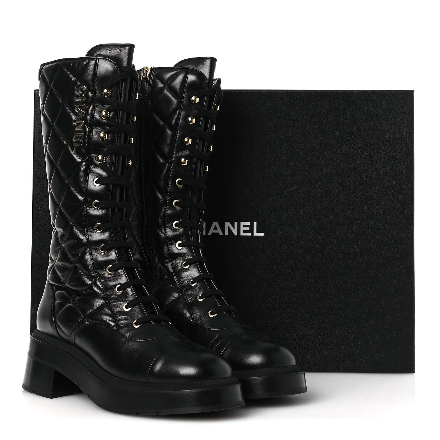 Calfskin Quilted Logo Lace Up Tall Combat Boots 39 Black