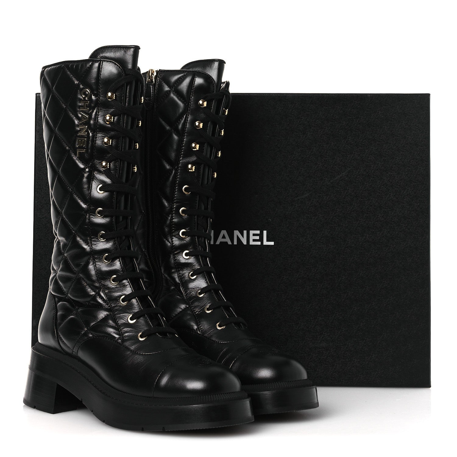Chanel Calfskin Quilted Logo Lace Up Tall Combat Boots 39 Black 11 of 11