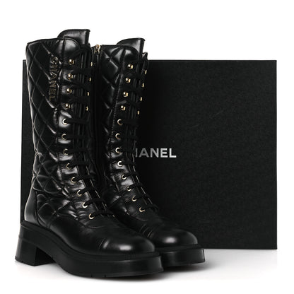 Chanel Calfskin Quilted Logo Lace Up Tall Combat Boots 39 Black 11 of 11