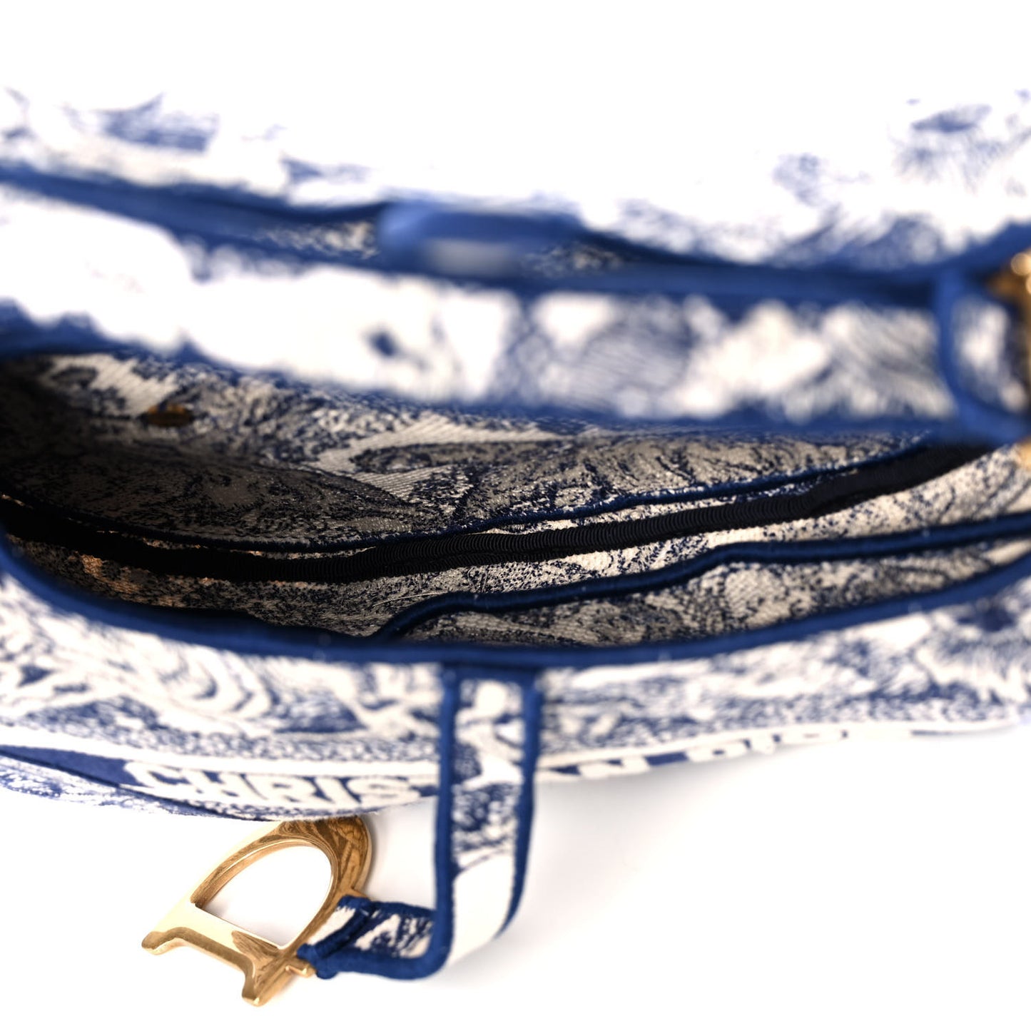 Canvas Embroidered Toile de Jouy Saddle Bag Blue