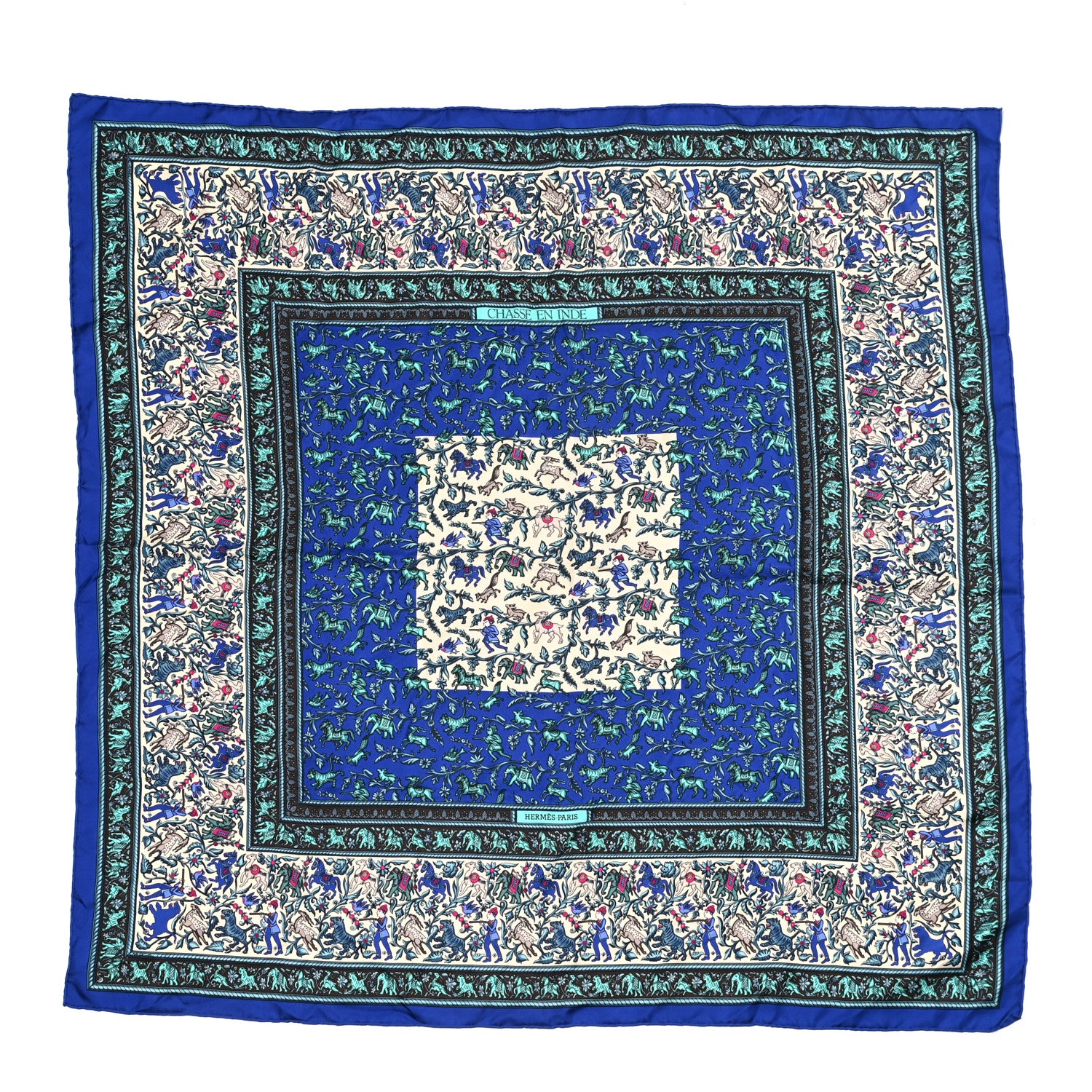 Hermes Silk Chasse En Inde Scarf 90 Gris Bleu dur Craie Aqua 1 of 5