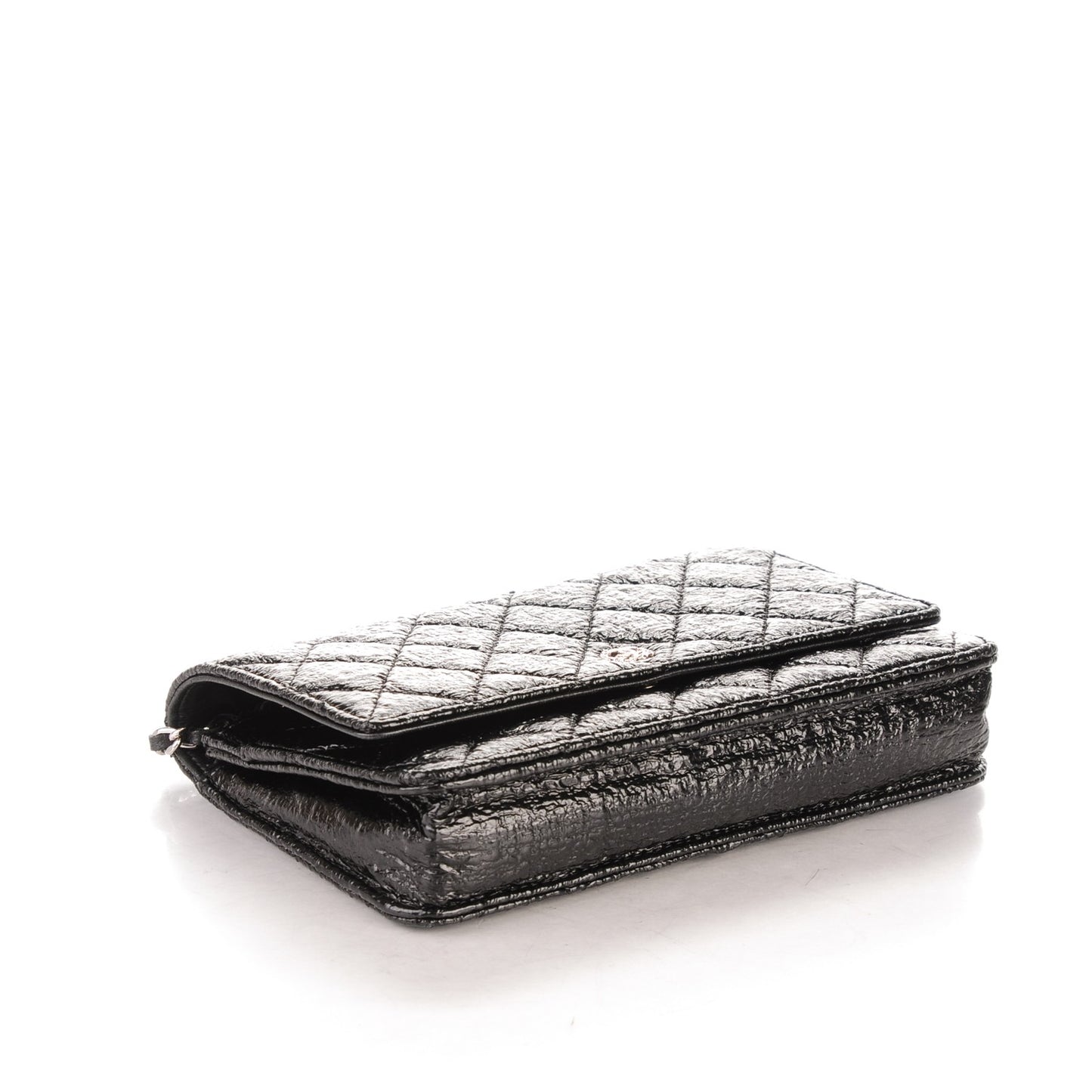 Distressed Patent Calfskin Quilted Wallet on Chain WOC Black