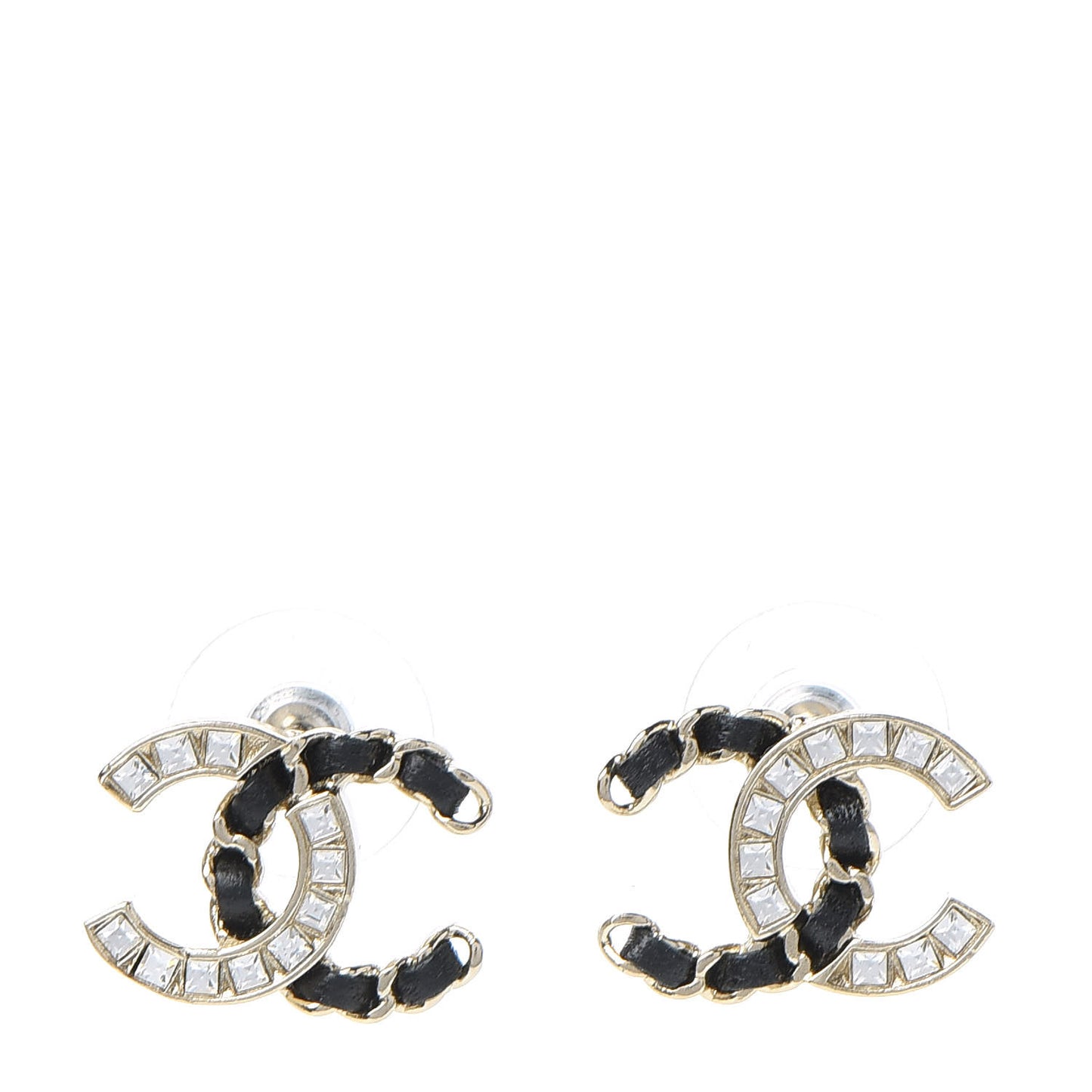 Crystal Baguette Lambskin Chain CC Vintage Allure Stud Earrings Black Gold