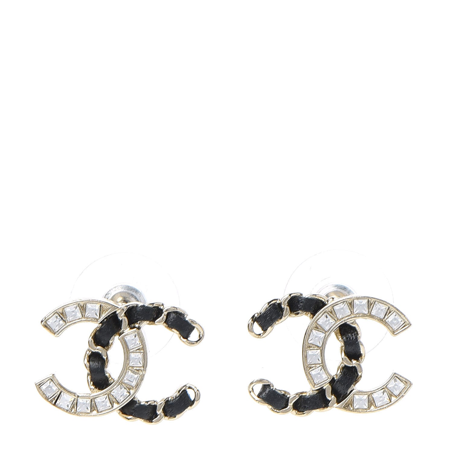 Chanel Crystal Baguette Lambskin Chain CC Vintage Allure Stud Earrings Black Gold 1 of 5