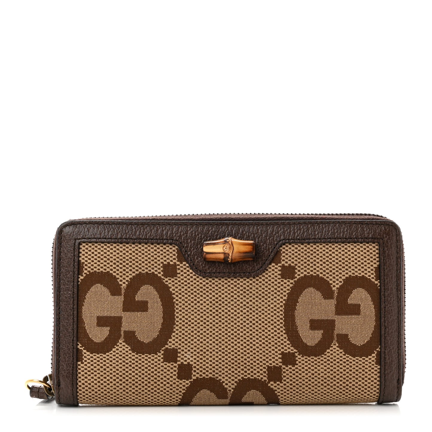 Monogram Jumbo GG Textured Dollar Calfskin Diana Zip Around Continental Wallet Camel Ebony New Acero