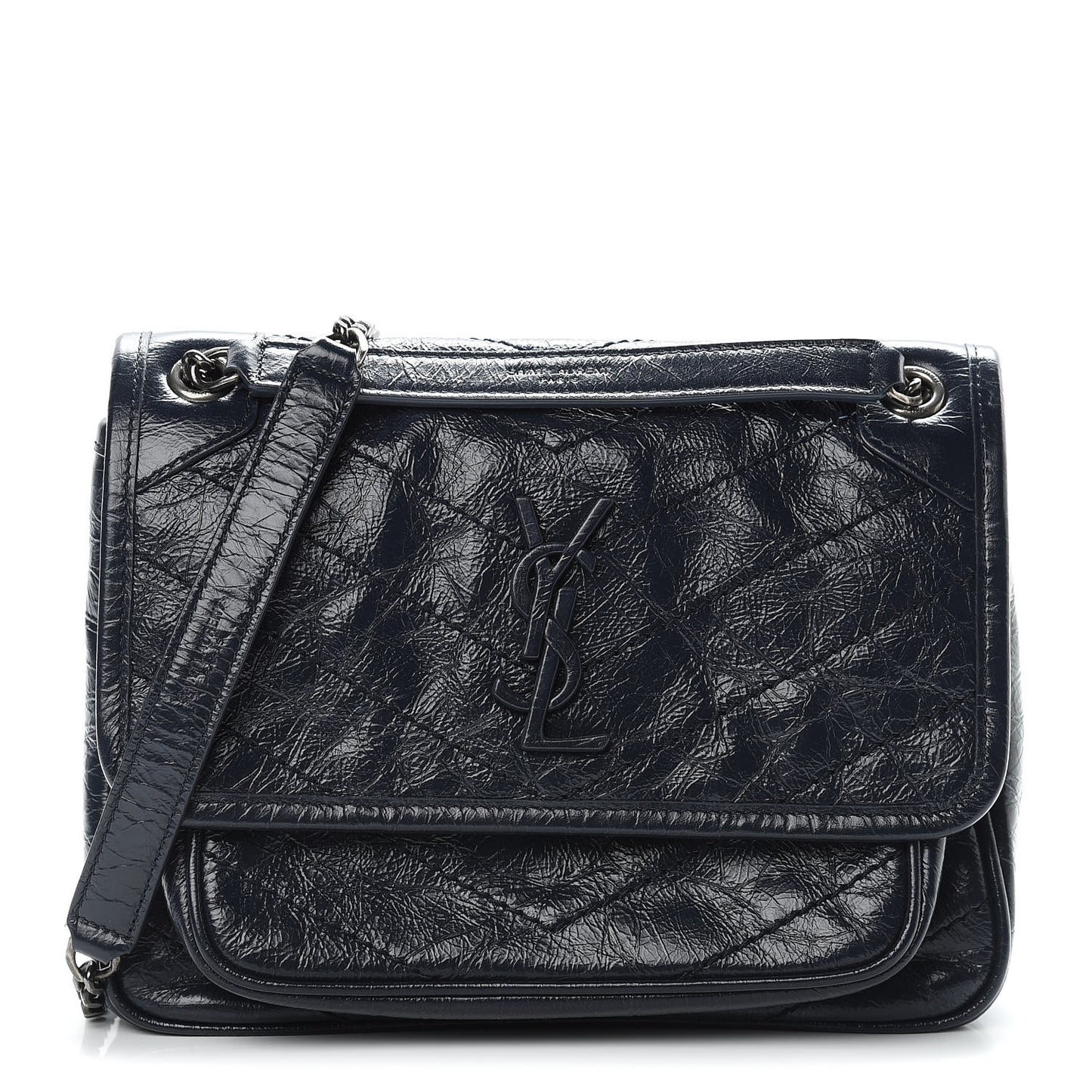 Crinkled Calfskin Matelasse Monogram Baby Niki Chain Satchel Navy