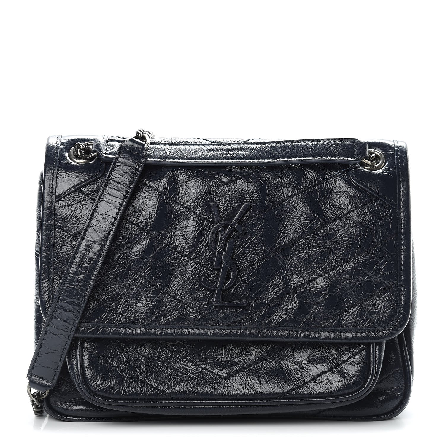 Saint Laurent Crinkled Calfskin Matelasse Monogram Baby Niki Chain Satchel Navy 1 of 11