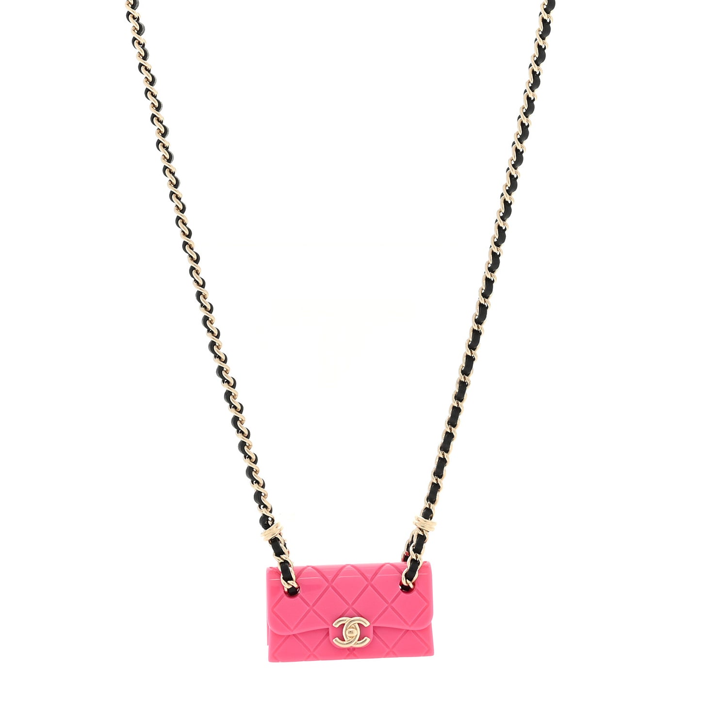 Metal Resin Lambskin Flap Bag Long Necklace Golden Pink Black