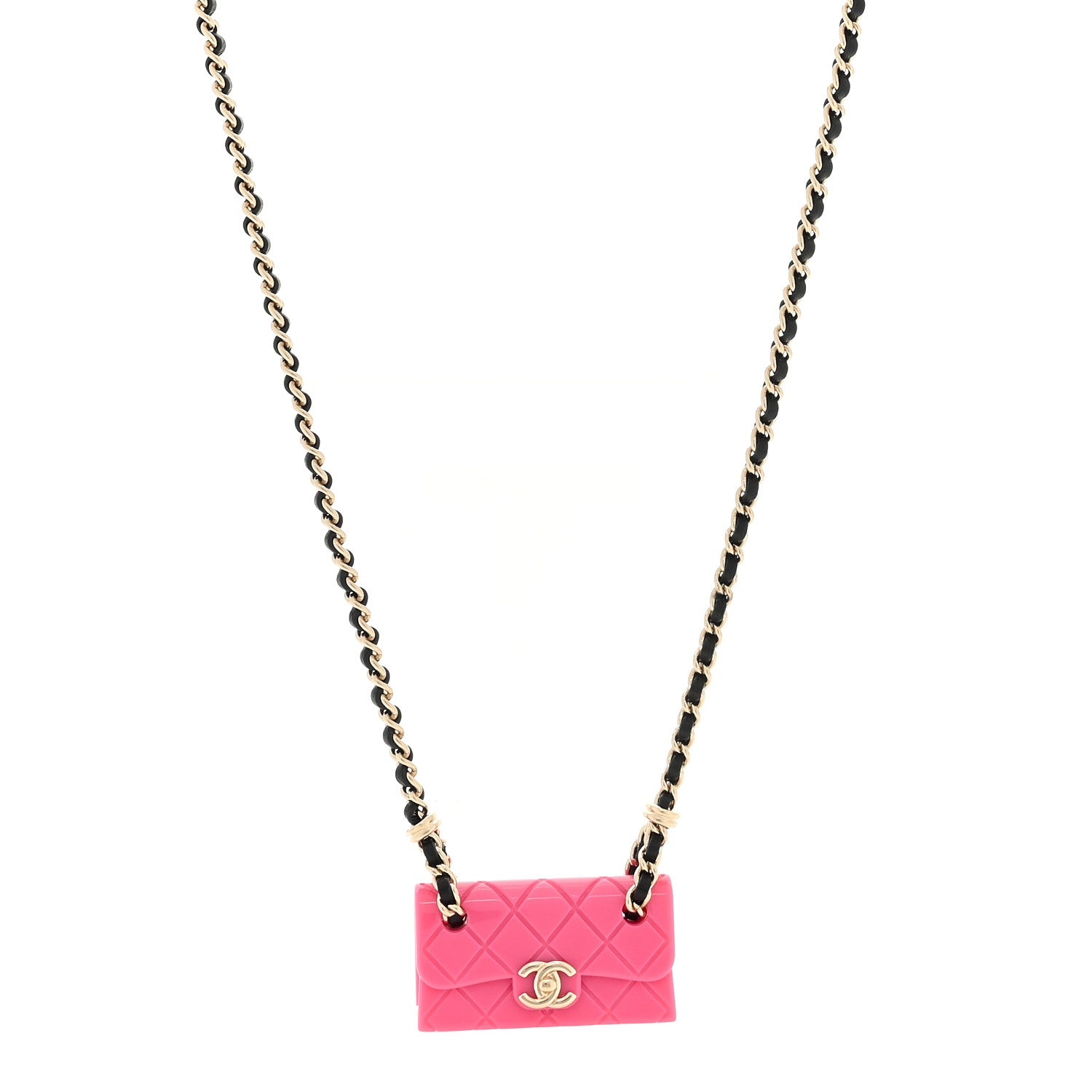 Chanel Metal Resin Lambskin Flap Bag Long Necklace Golden Pink Black 1 of 5