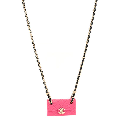 Chanel Metal Resin Lambskin Flap Bag Long Necklace Golden Pink Black 1 of 5