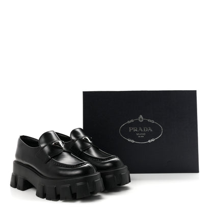 Prada Spazzolato Rois Metal Triangle Logo Monolith 55mm Loafers 36.5 Black 10 of 10