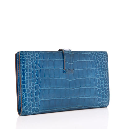 Hermes Shiny Alligator Bearn Wallet Bleu Hydra 3 of 8
