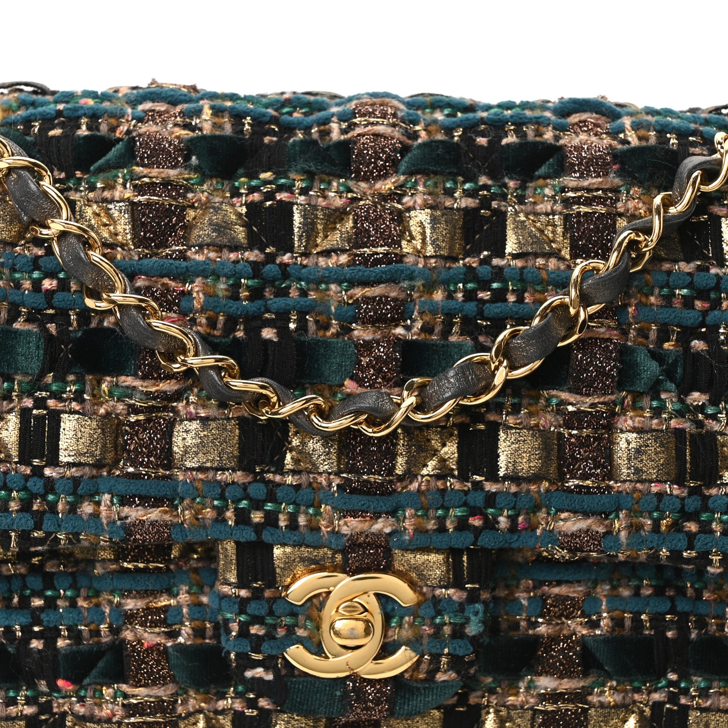 Tweed Metallic Lambskin Quilted Egyptian Double Flap Multicolor Gold