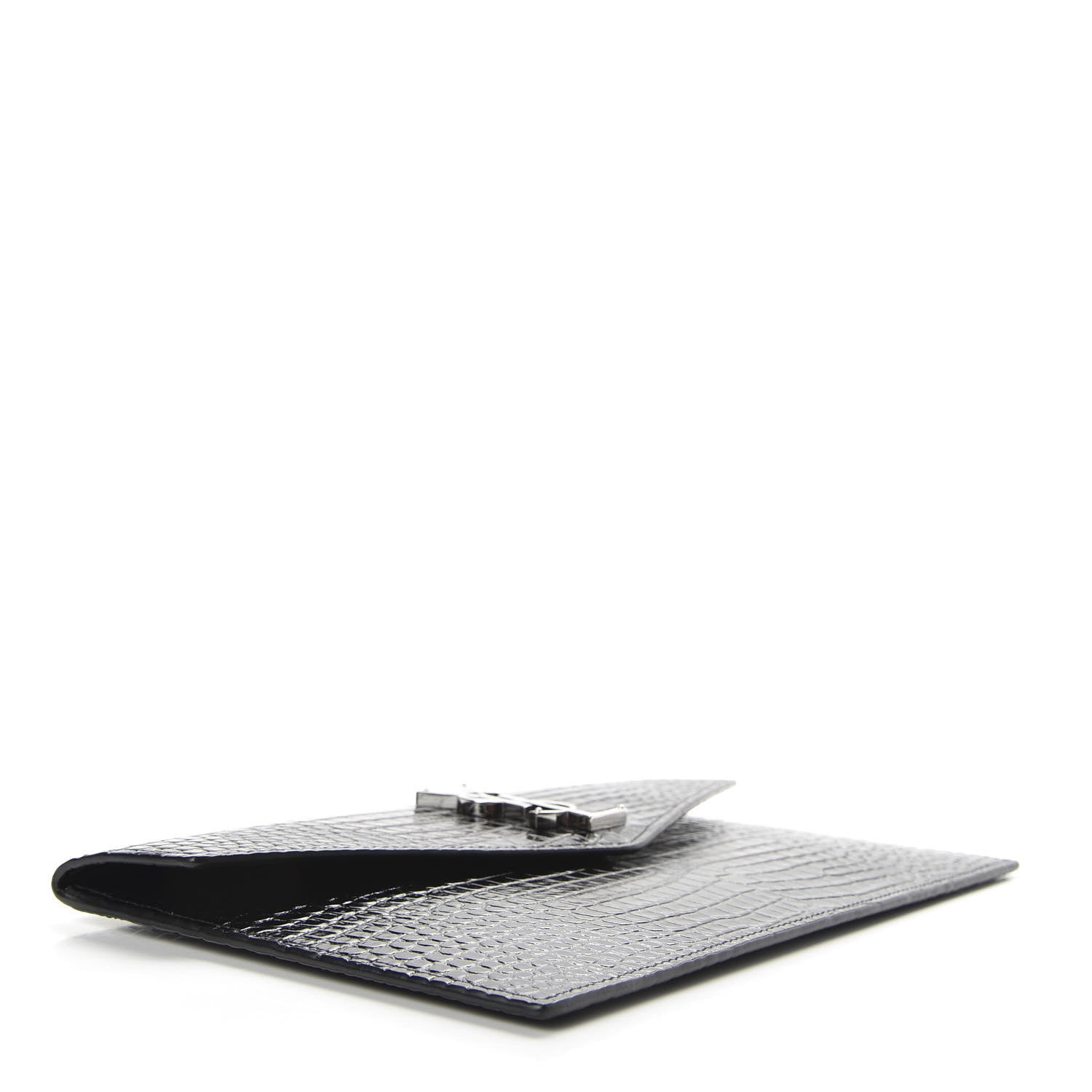 Saint Laurent Calfskin Crocodile Embossed Uptown Monogram Clutch Black 4 of 7