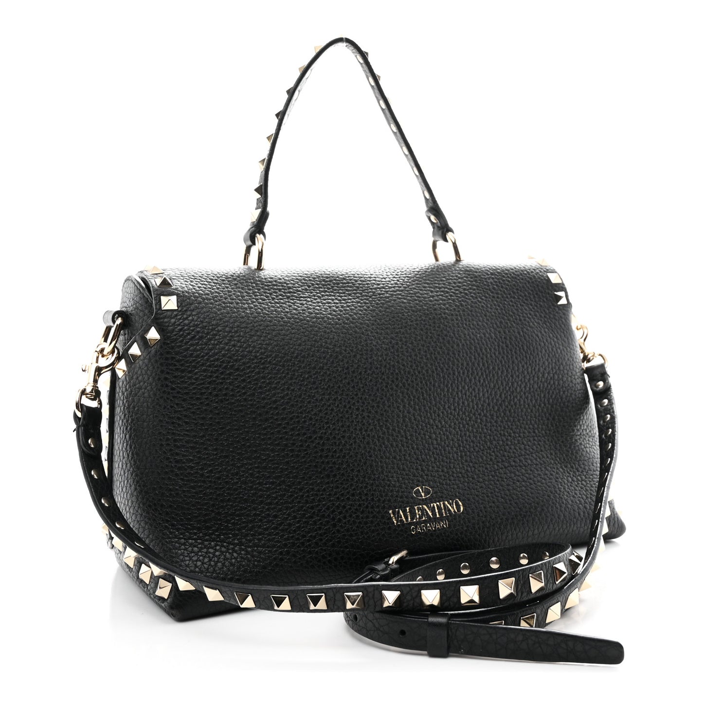 Pebbled Calfskin Rockstud Single Handle Flap Bag Black