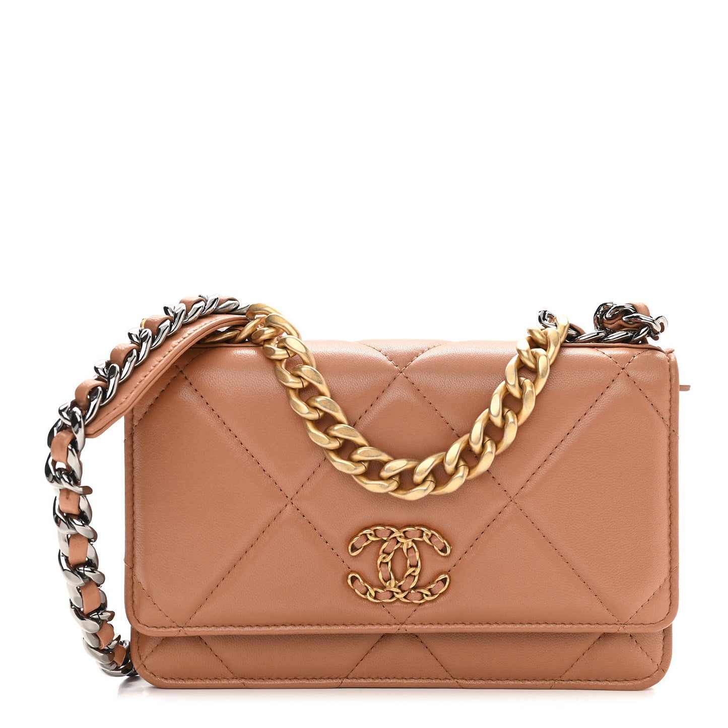 Lambskin Quilted Chanel 19 Wallet On Chain WOC Brown