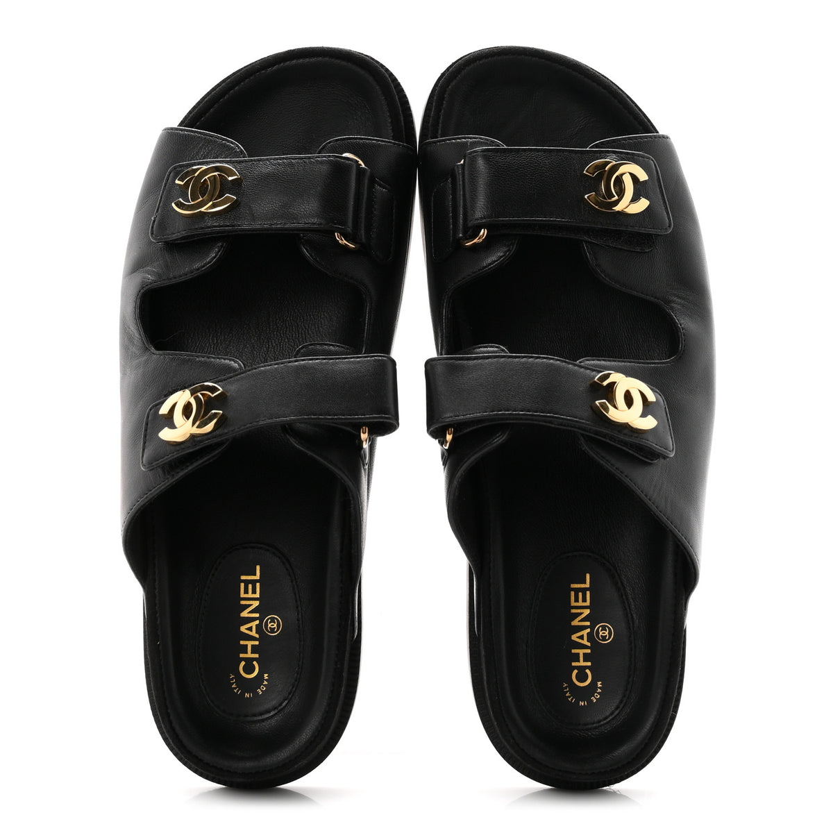 Lambskin Velcro Dad Chain CC Slide Sandals 38.5 Black