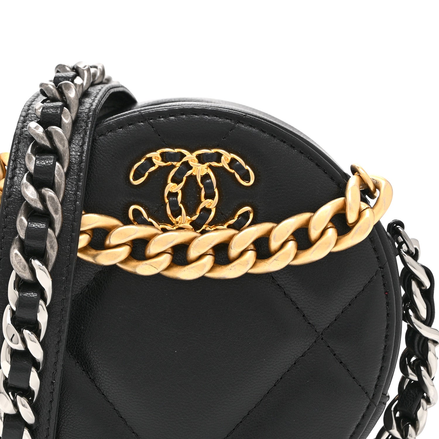 Chanel Shiny Goatskin Quilted Chanel 19 Round Clutch With Chain Black 8 of 10