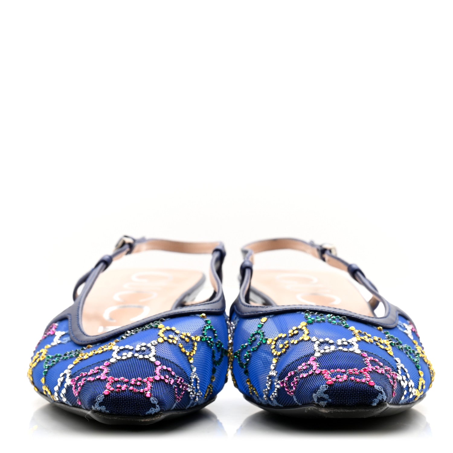 Gucci Tela Retino Nappa Charlotte Crystal GG Monogram Square G 35mm Slingback Pumps 38.5 Splash Net Blue Witch 2 of 9