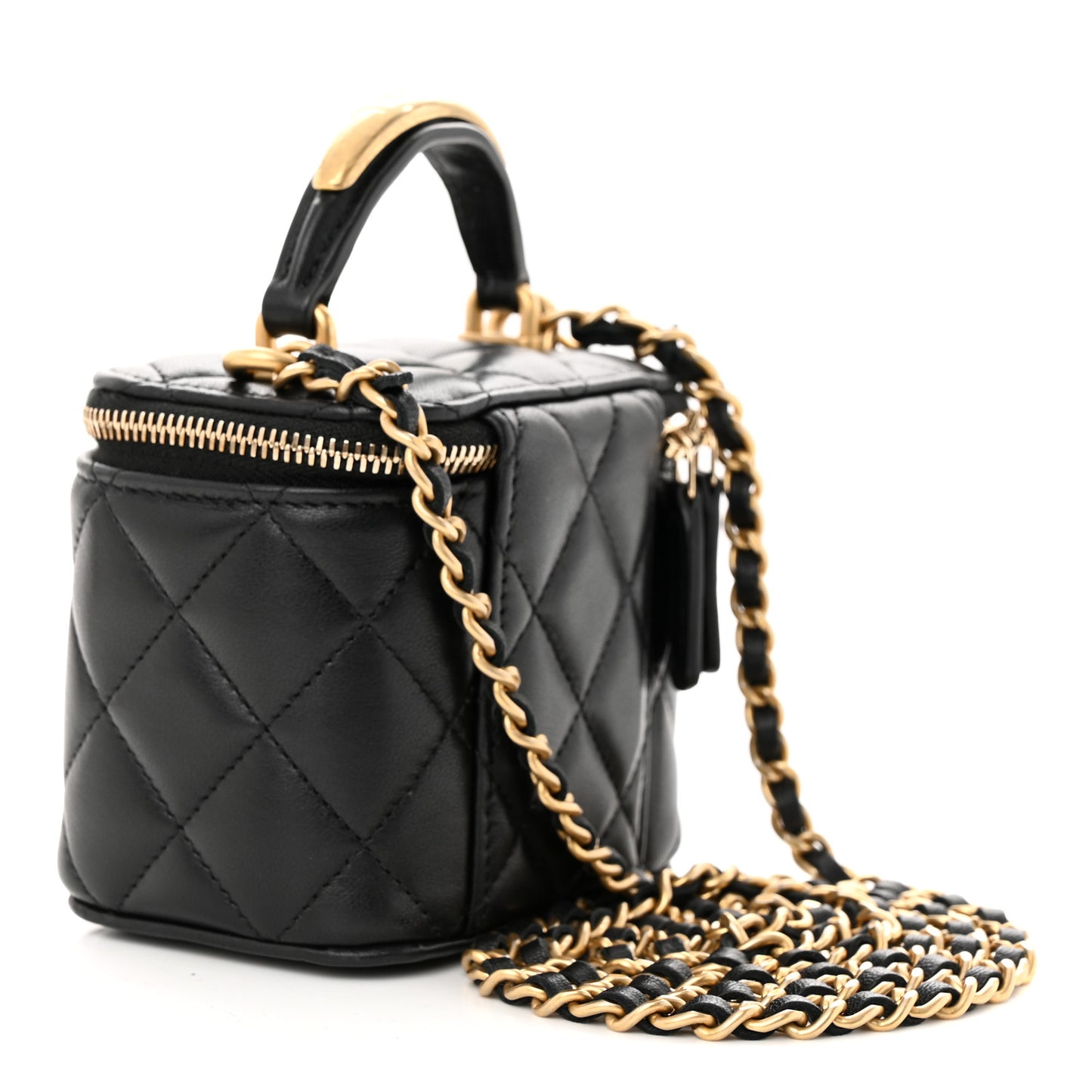 Lambskin Quilted Metal Mini Top Handle Vanity Case With Chain Black