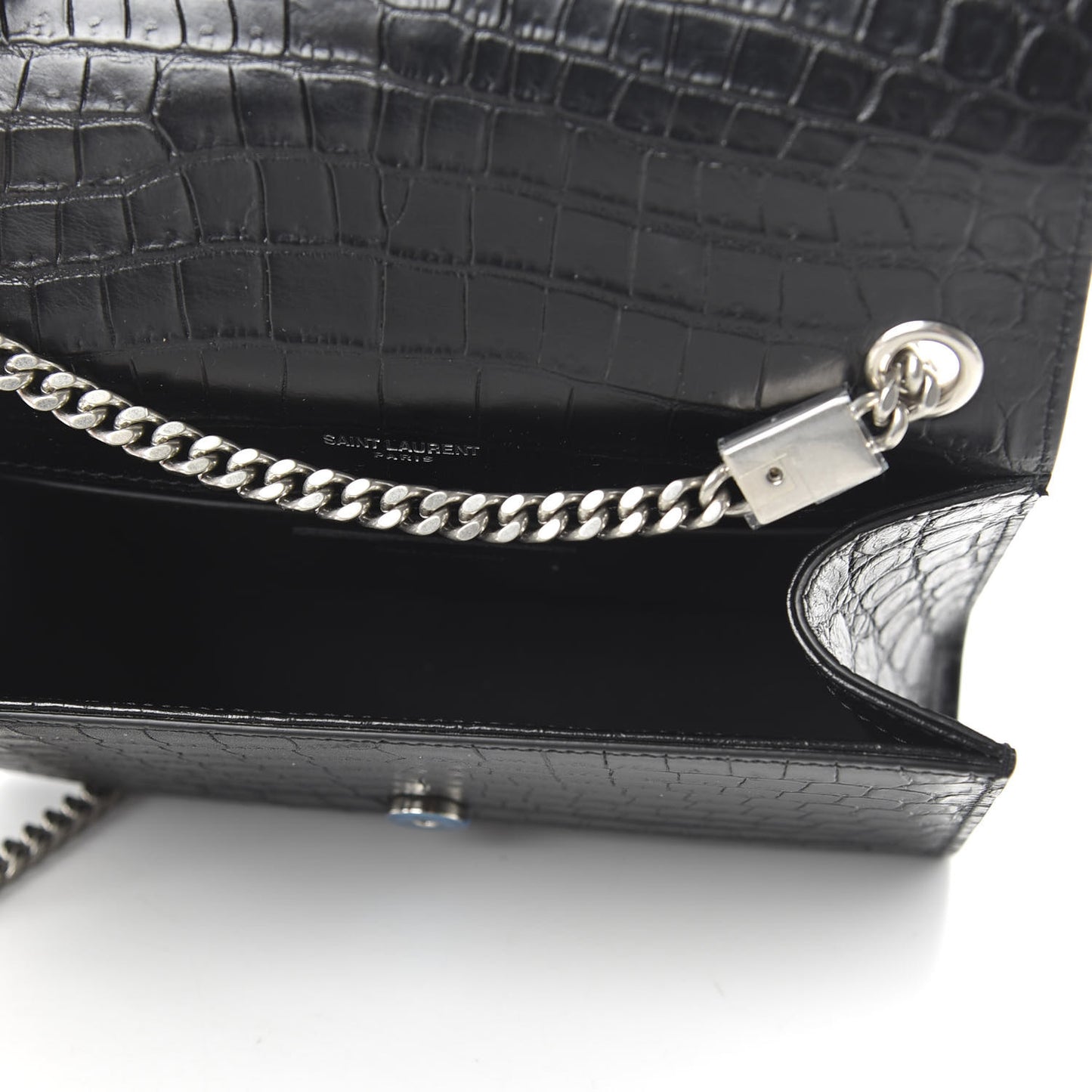 Calfskin Crocodile Embossed Small Classic Monogram Kate Tassel Satchel Black