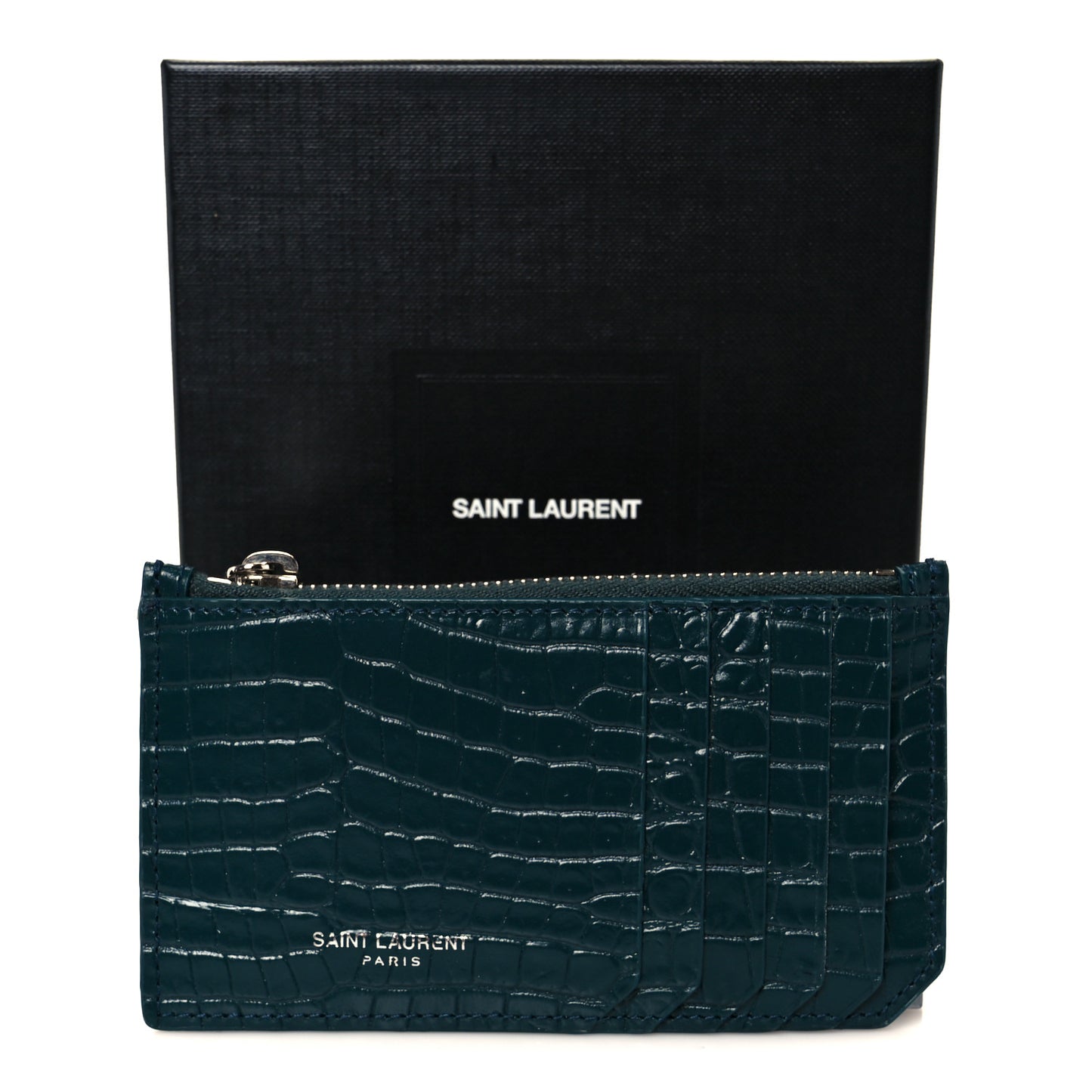 Calfskin Crocodile Embossed 5 Fragments Zip Pouch Card Holder Dark Turquoise