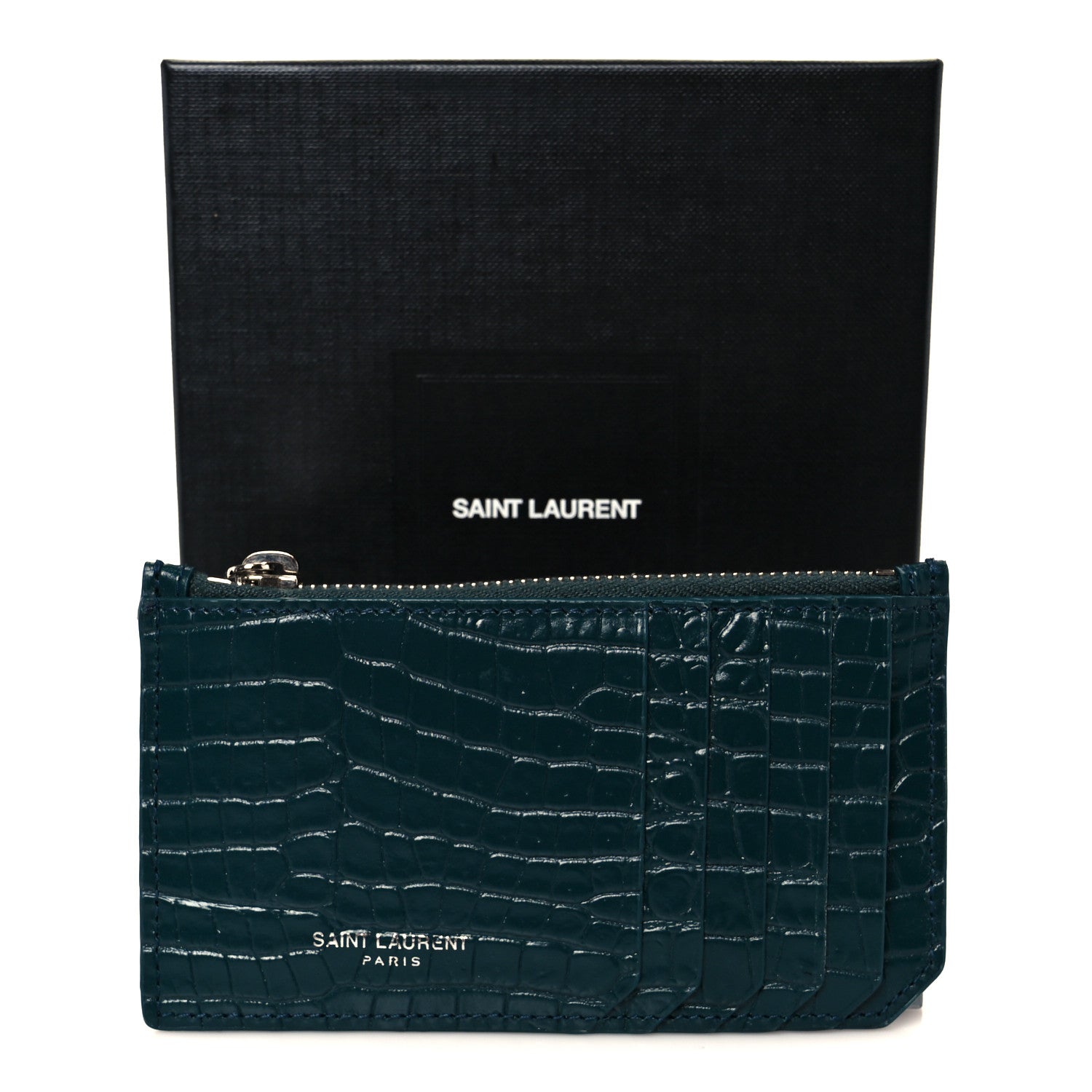 Saint Laurent Calfskin Crocodile Embossed 5 Fragments Zip Pouch Card Holder Dark Turquoise 9 of 9