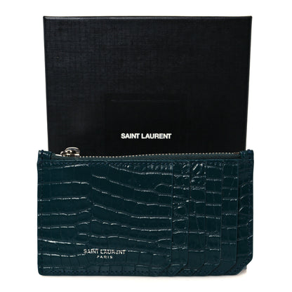 Saint Laurent Calfskin Crocodile Embossed 5 Fragments Zip Pouch Card Holder Dark Turquoise 9 of 9