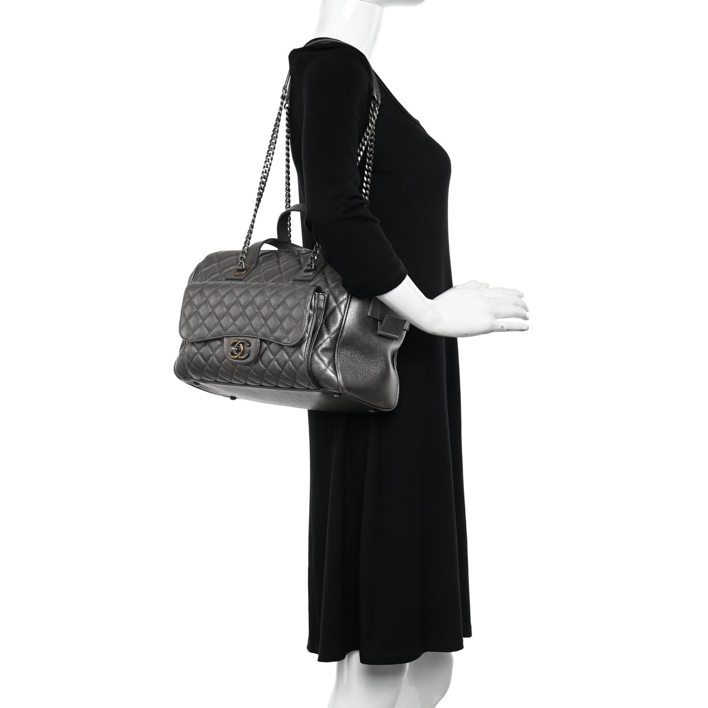 Metallic Grained Calfskin Quilted Large Casual Pocket Bowling Bag