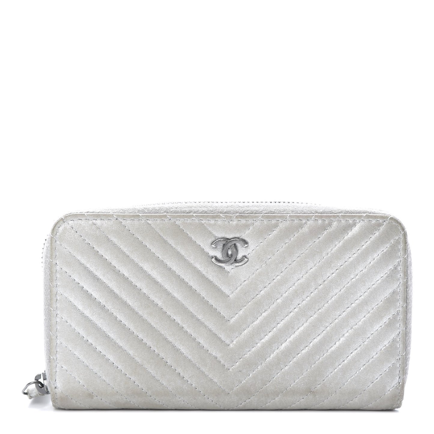 Metallic Lambskin Chevron Quilted Small Zip Around Wallet Silver