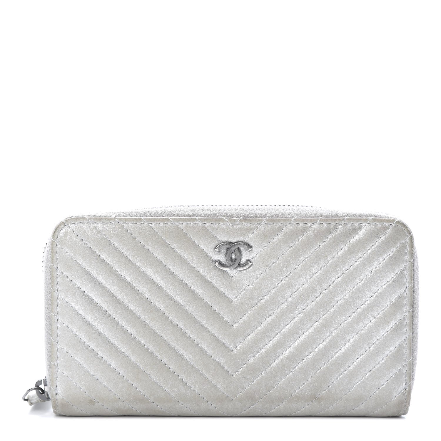 Chanel Metallic Lambskin Chevron Quilted Small Zip Around Wallet Silver 1 of 13