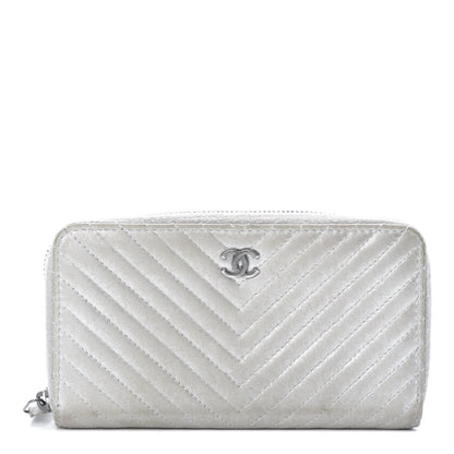 Chanel Metallic Lambskin Chevron Quilted Small Zip Around Wallet Silver 1 of 13