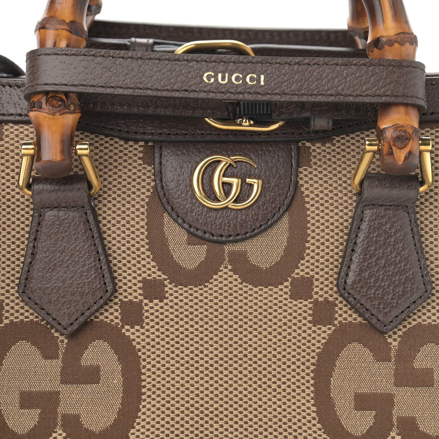 Gucci Monogram Jumbo GG Textured Dollar Calfskin Mini Diana Tote Bag Camel Ebony New Acero 8 of 10