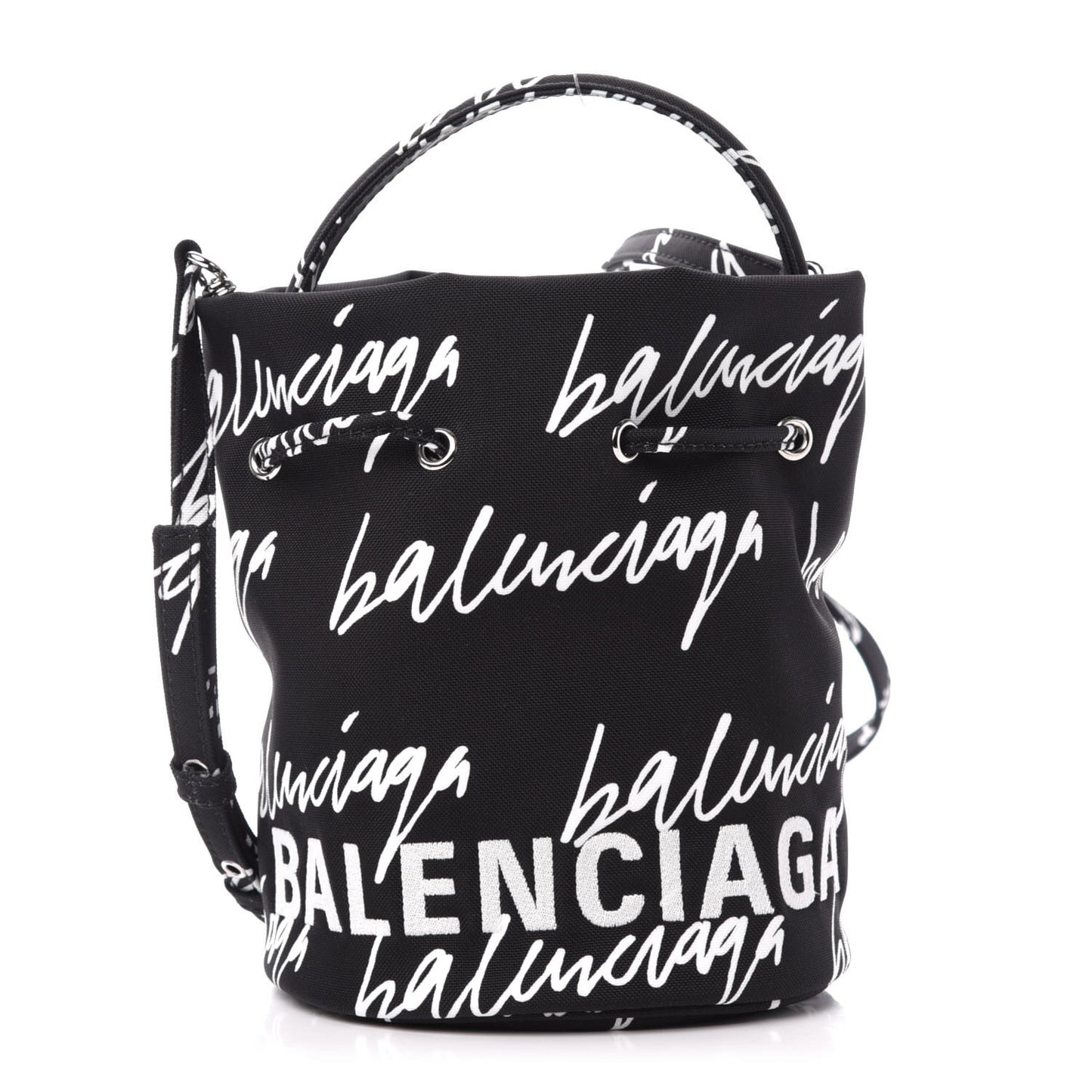Recycled Sport Nylon Scribble Logo Embroidered Wheel Drawstring Bucket Bag XS Black White
