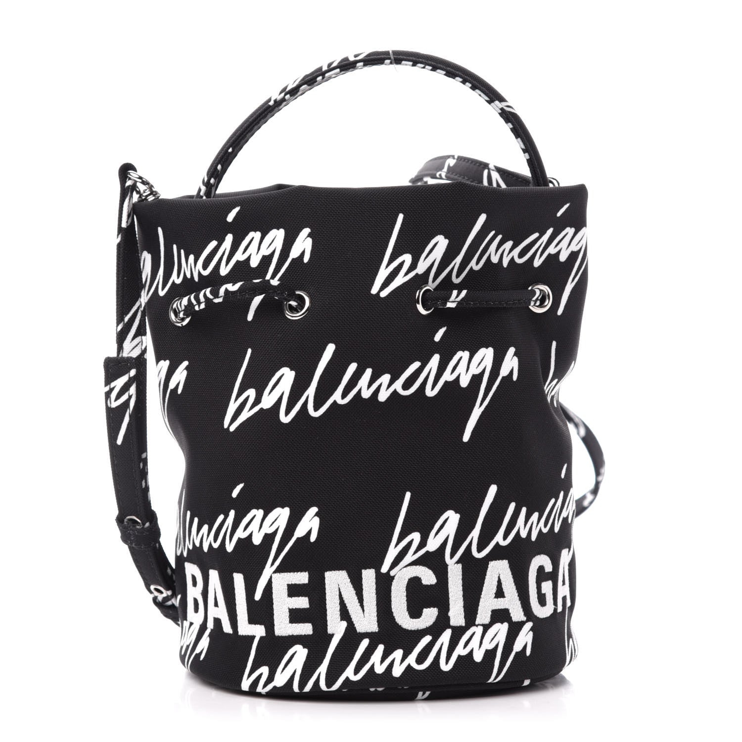 Balenciaga Recycled Sport Nylon Scribble Logo Embroidered Wheel Drawstring Bucket Bag XS Black White 1 of 11