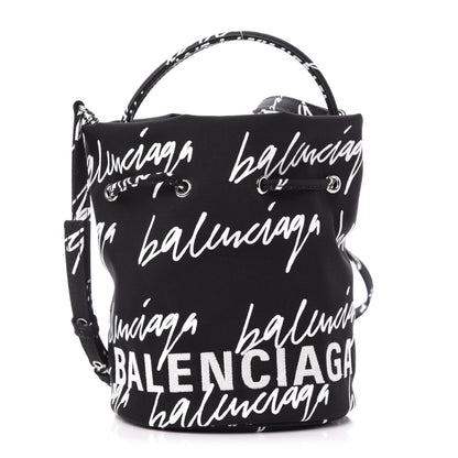Balenciaga Recycled Sport Nylon Scribble Logo Embroidered Wheel Drawstring Bucket Bag XS Black White 1 of 11