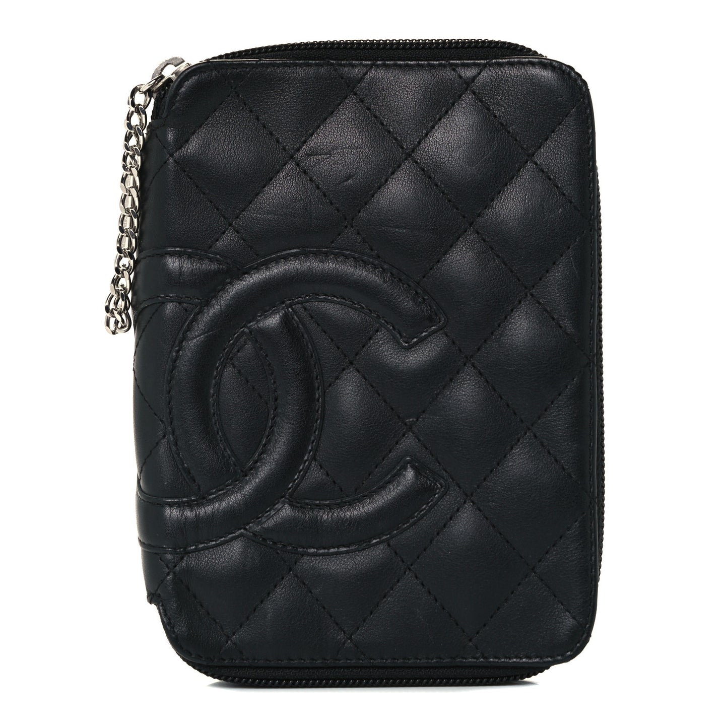 Calfskin Quilted Cambon Zip Around Cosmetic Pouch Black