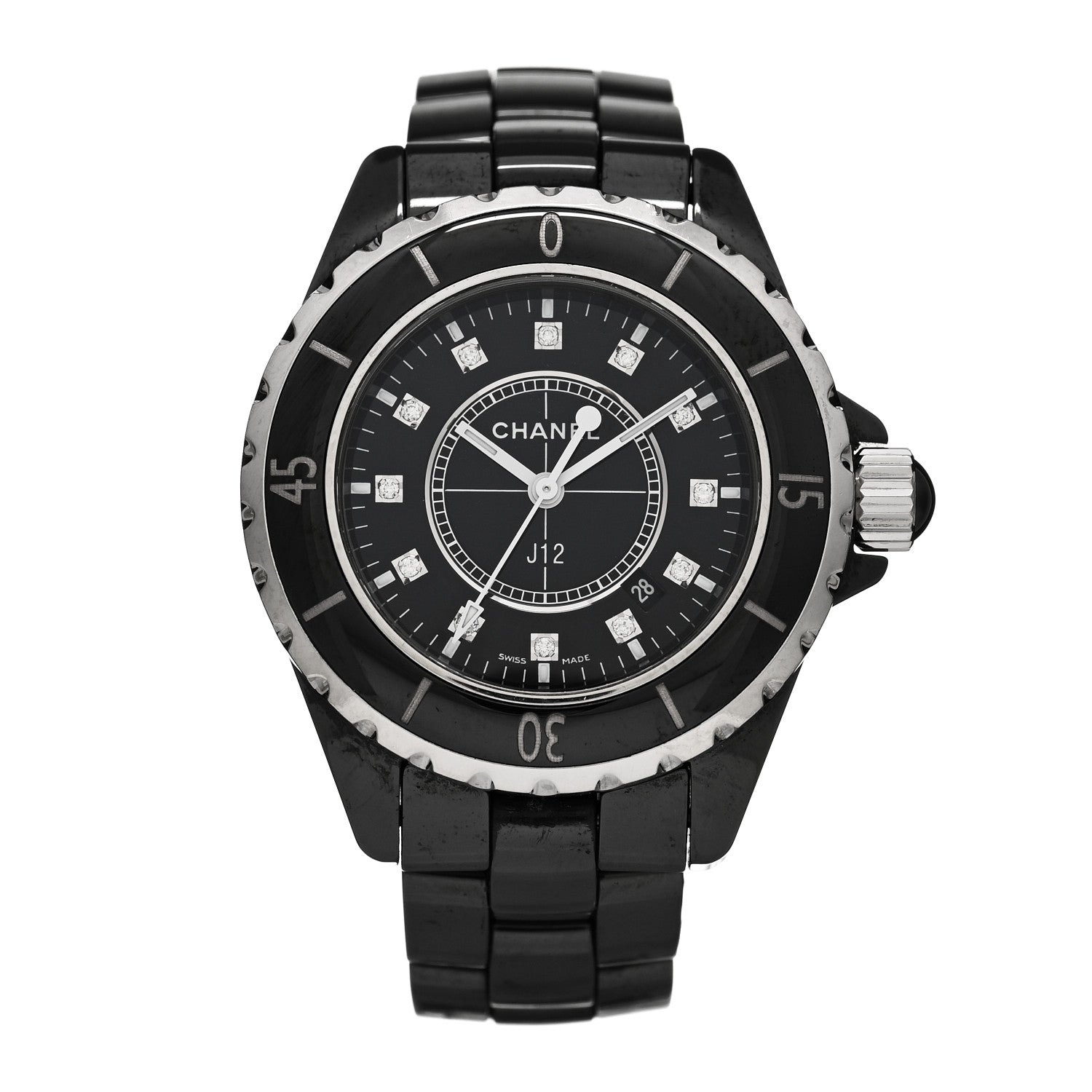Chanel Stainless Steel Ceramic Diamond 33mm J12 Quartz Watch Black 1 of 4