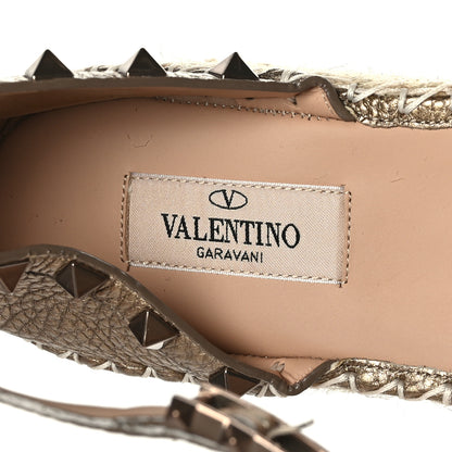 Valentino Garavani Metallic Grained Calfskin Rockstud Ankle Wrap Espadrille Flatform Sandals 40 Skin Natural 7 of 8