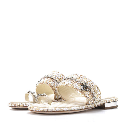 Chanel Raffia Lambskin Sandals 38 Beige White 2 of 10