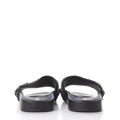 Chanel Satin Canvas Chain Slides Sandals Flats 40 Marine 5 of 11