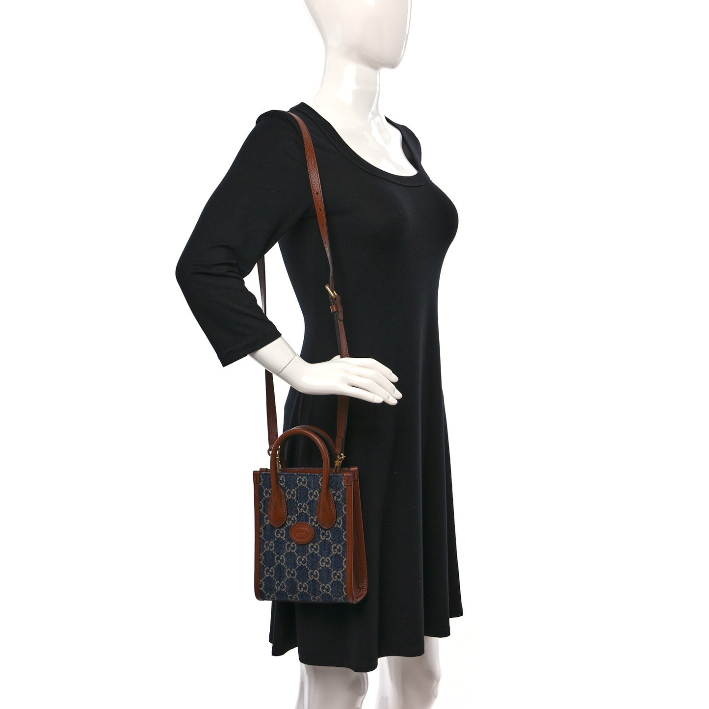 New Denim GG Monogram Dollar Calfskin Mini Retro Interlocking G Tote Bag Blue Tea Cuir Epilog